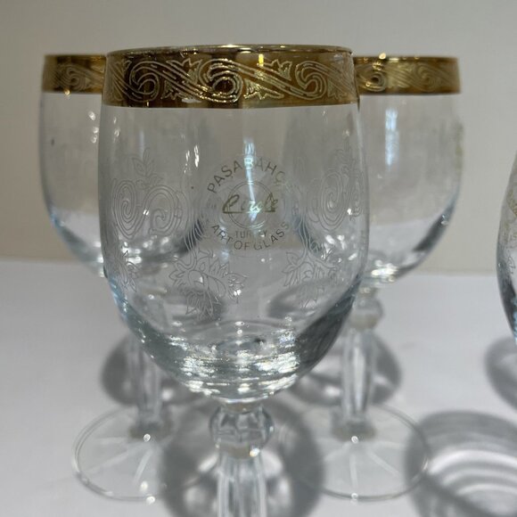 Pasabahce Circle Wine Glasses Gold Rimmed Art of Glass Turkey Set of 5 NWOB - Picture 2 of 11
